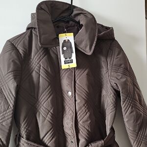 Jones New York Brown Quilted Removable Hood Belt Puffer Coat Small New